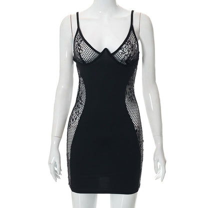 Sexy See-through Lace Splicing Sling Sheath Dress