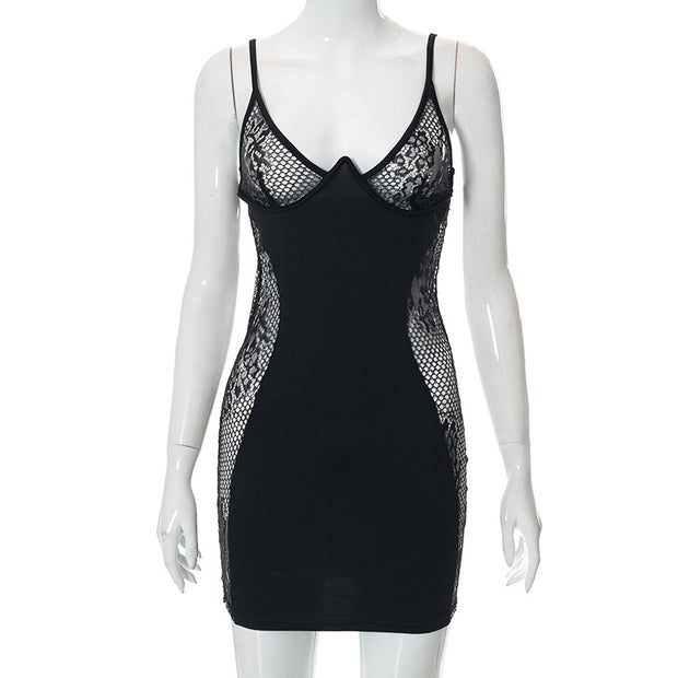 Sexy See-through Lace Splicing Sling Sheath Dress