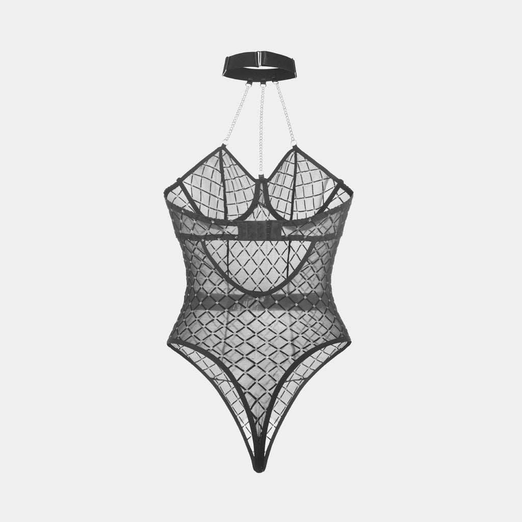 Sexy Lace See-through Metal Jumpsuit Stockings Suit