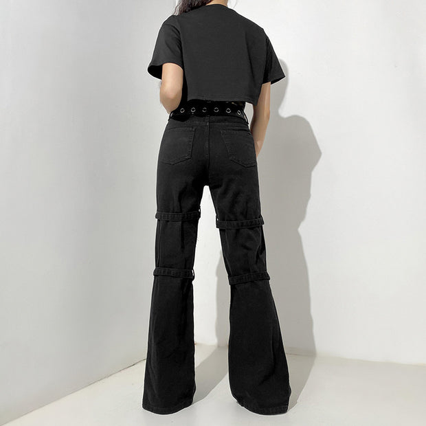 Gothic Printed Multi-Pocket High Waist Denim Trousers