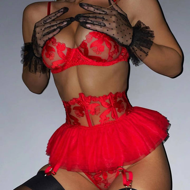 Sexy See-through Embroidered Garter Small Skirt Underwear Suit