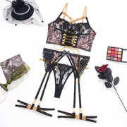 Sexy Embroidery Stitching Leopard Mesh Contrast Color Underwear Suit