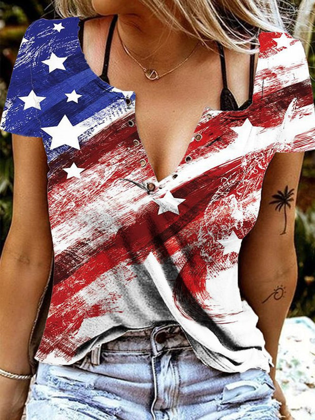 American Independence Day Printed Sexy V-neck T-shirt