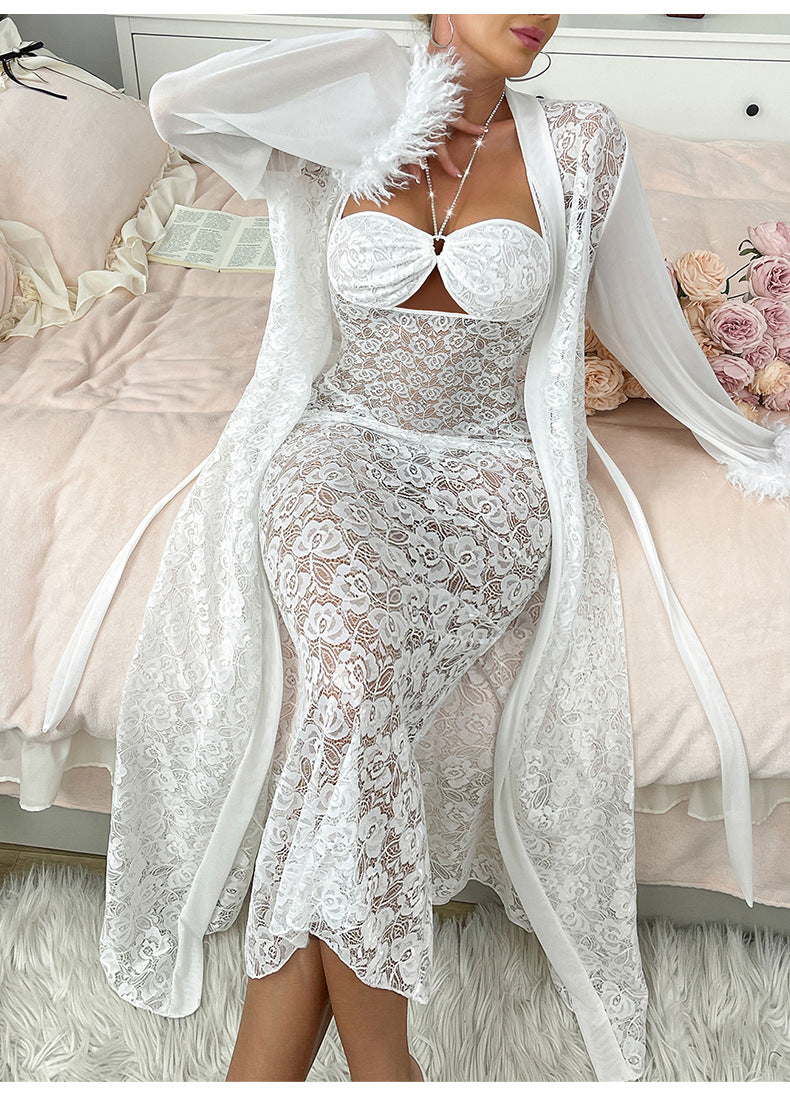 Sexy Black Lace Halter Nightdress Nightgown Suit