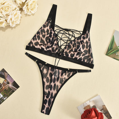 Sexy Leopard Print Interwoven Lace-up Underwear Suit