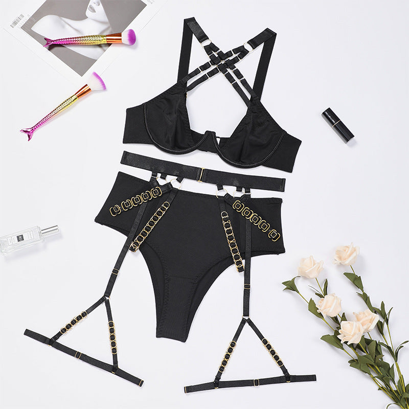 Cross Strap Gathering Bra Three-Piece Set