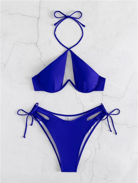 Maillot de bain bikini à bandes avec support en acier creux pour femmes