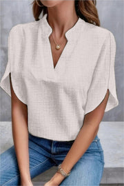 Casual Solid Color and V-neck Loose Linen Top