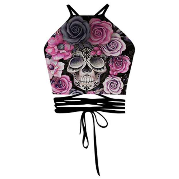 Sexy Rose Skull Print Lace Hollow Vest