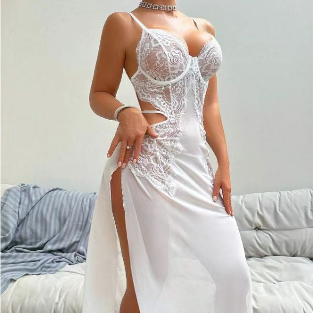 Sexy Lace Embedded See-through Split Nightdress Suit