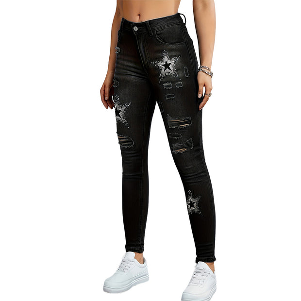 Ripped Printing Color Contrast Denim Trousers