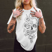 T-shirt gothique à manches courtes imprimé Skull Rose Line 