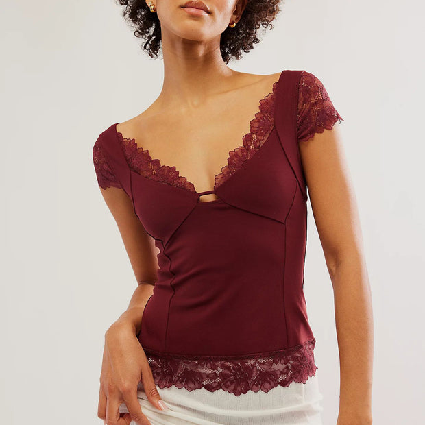 Lace Sexy Deep V-neck Slim-Fit Short-Sleeved Top