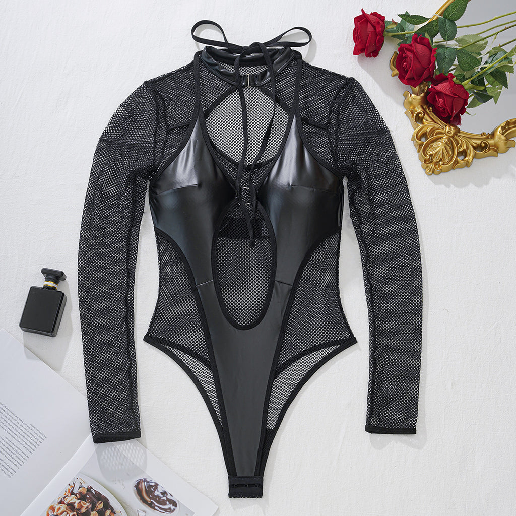 See-through Fishnet Patent Leather Sexy Jumpsuit