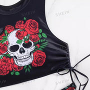 Skull and Floral Print Drawstring Side Bikini