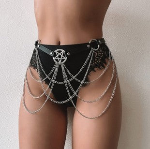 Sexy Multi-Layer Chain Leather Cross Hollow Tassel Waist Chain