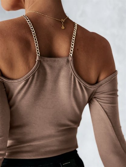 Fashion Sexy off-Shoulder Solid Color Pendant Chain Long Sleeve