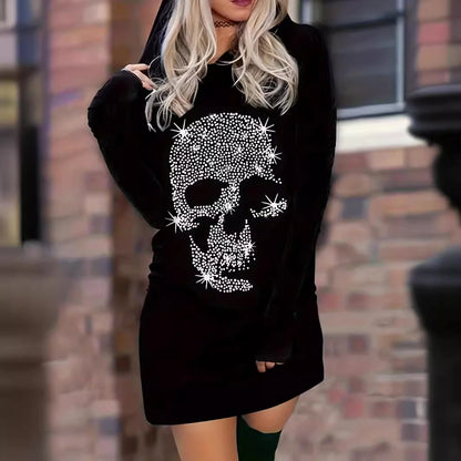 Dark Black Skull Hot Drilling Hooded Long Sleeve Dresses