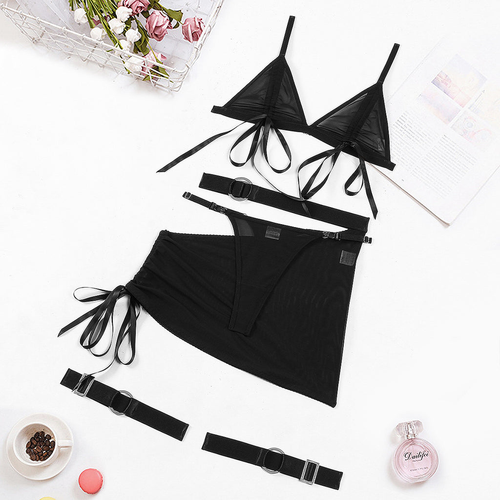 Sexy Mesh Drawstring Bra Skirt Four-Piece Set