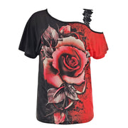 Style gothique rouge noir Rose dentelle bandoulière manches chauve-souris T-shirt à manches courtes