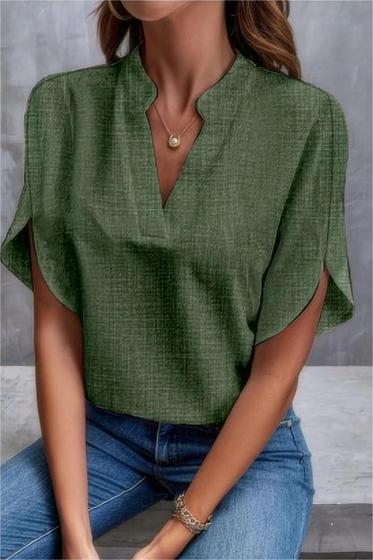 Casual Solid Color and V-neck Loose Linen Top