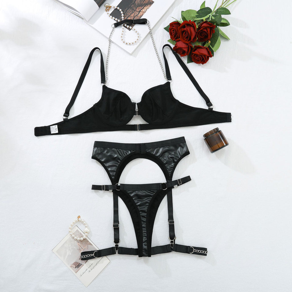 Seductive Patent Leather Metal Chain Gathering Bra Five-Piece Set