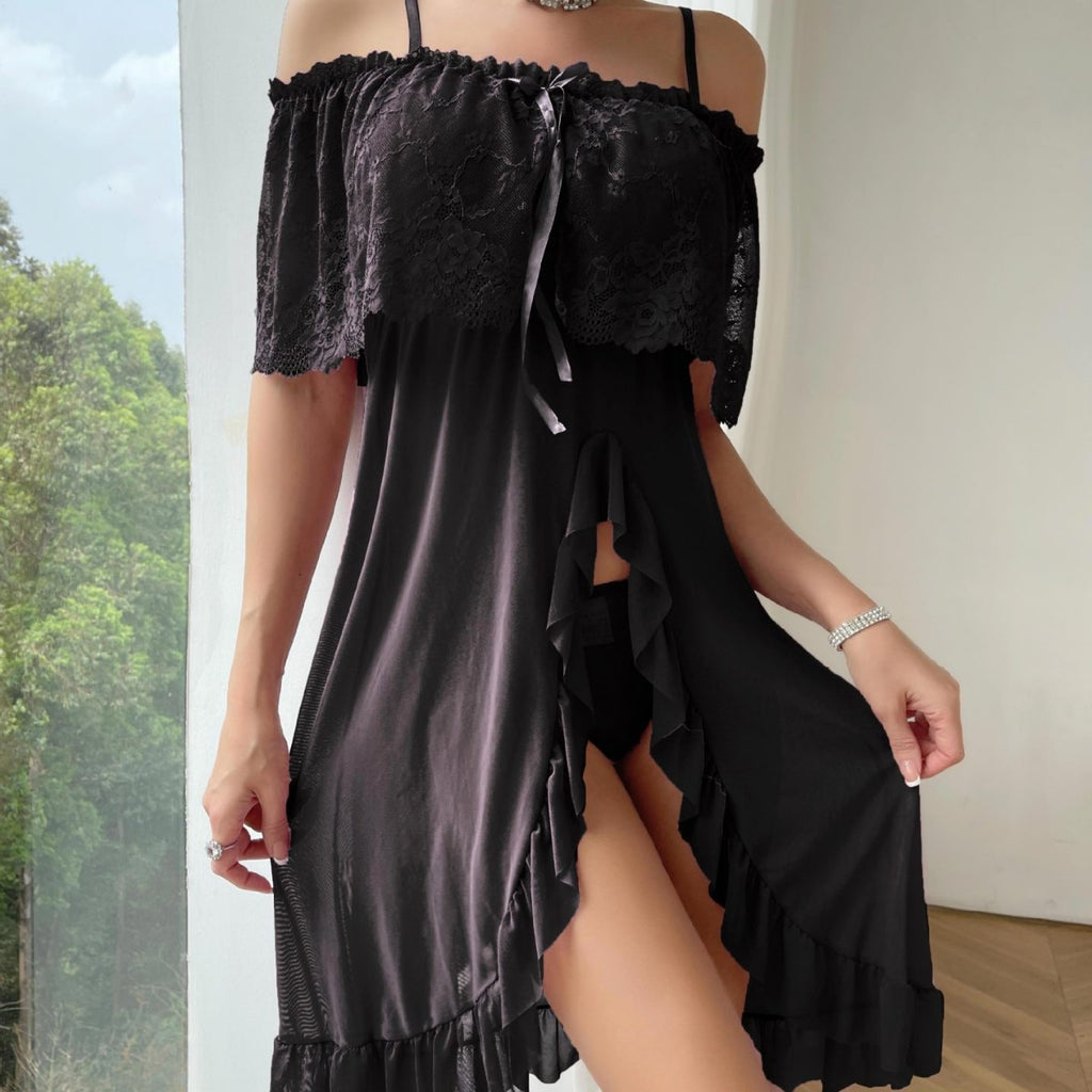 Plus Size Lace Bow Slim Nightdress2 Piece Set