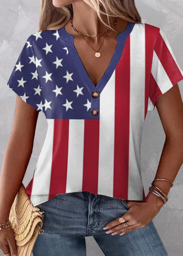Independence Day American Flag Printed V-neck Short Sleeve T-shirt
