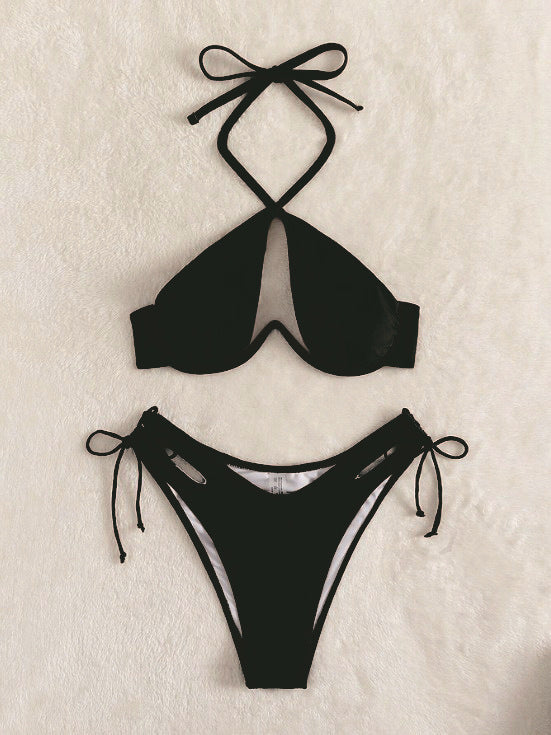 Maillot de bain bikini à bandes avec support en acier creux pour femmes