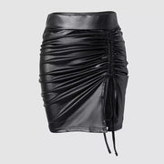 Women's Black Leather Drawstring Skirt