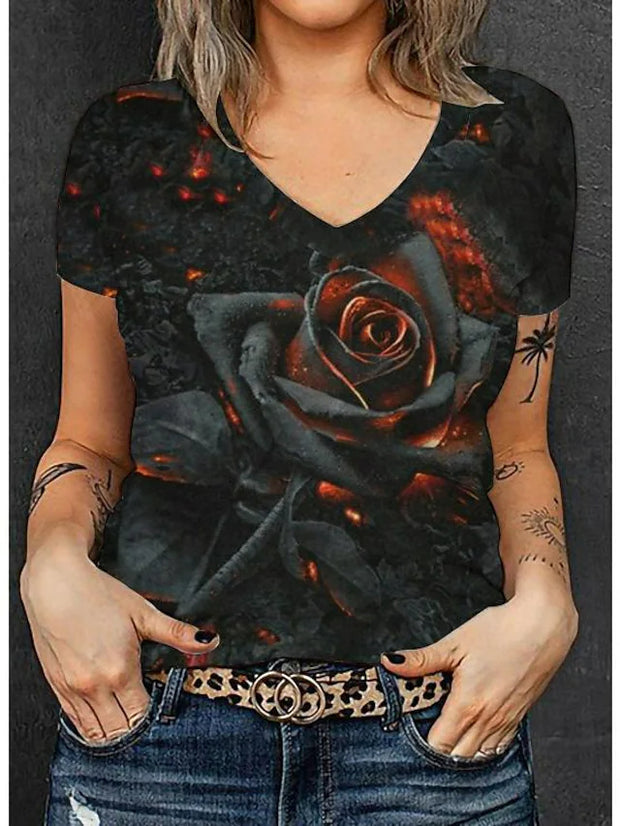 Kurzärmliges T-Shirt mit V-Ausschnitt und Aufdruck „Dark Flame Rose“