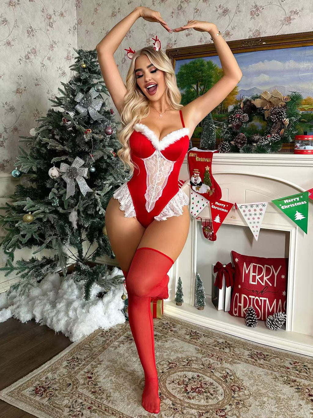 Sexy Red Lace Bodysuit Stockings Set