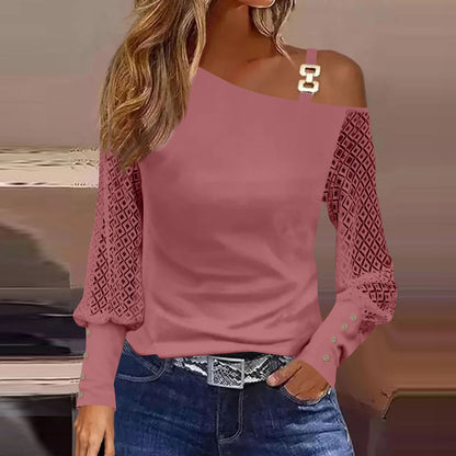 Women's Lace Long-Sleeved off-Shoulder Solid Color T-shirt