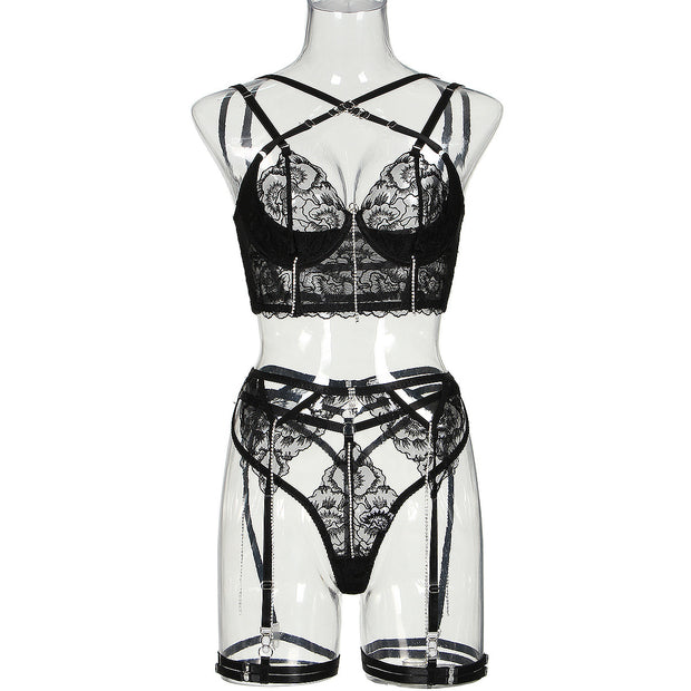 Sexy Cross Hollow Embroidery Body Shaping Drill Chain Underwear Suit