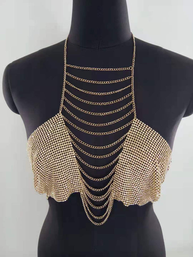 Party Rhinestone Inlaid Diamond Cloth Tassel Chain Connecting Halter Top
