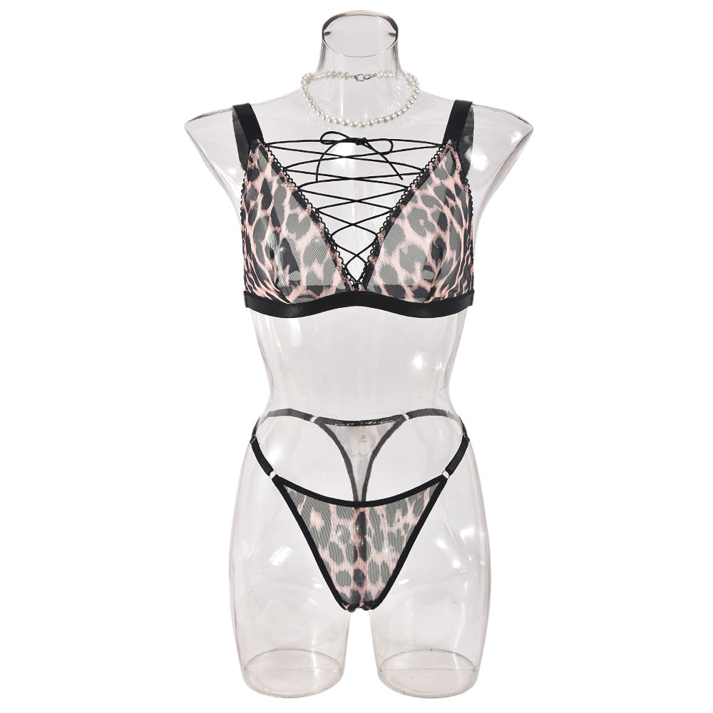 Sexy Leopard Print Interwoven Lace-up Underwear Suit