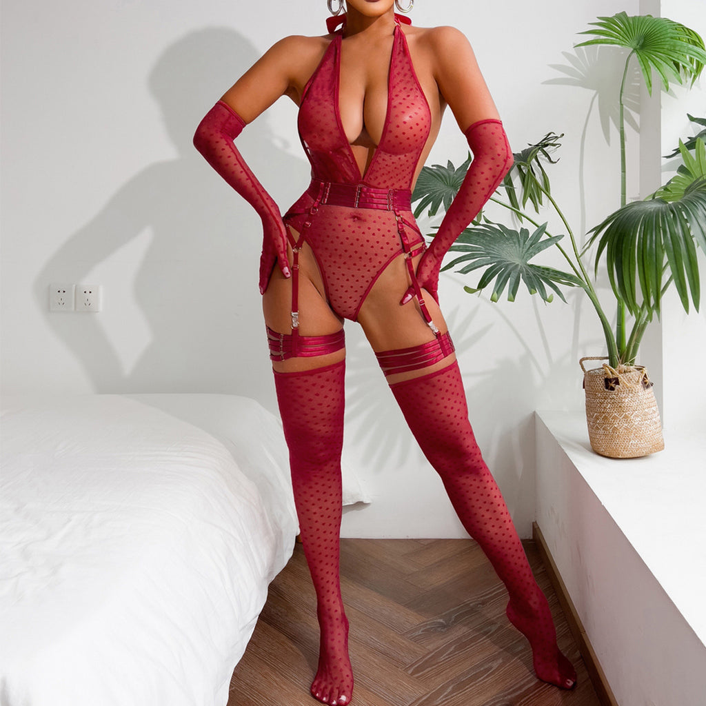 Polka Dot Deep V Lace-up Sexy Bodysuit Five-Piece Set