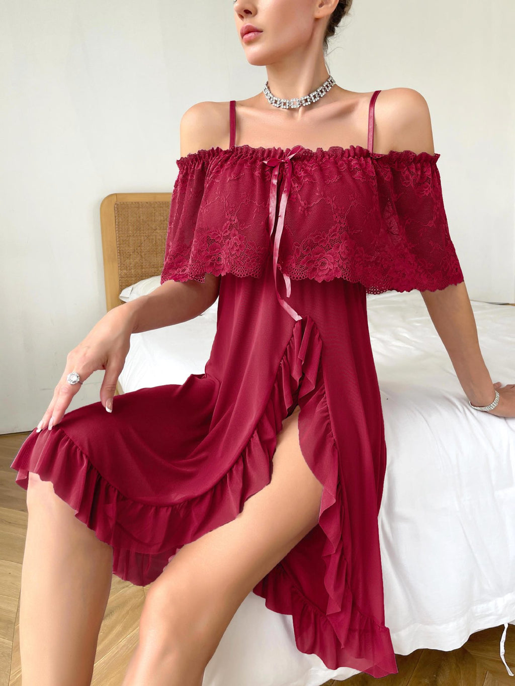 Plus Size Lace Bow Slim Nightdress2 Piece Set