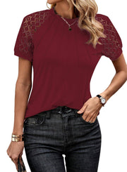 Solid Color round Neck Lace Stitching Short Sleeve Top