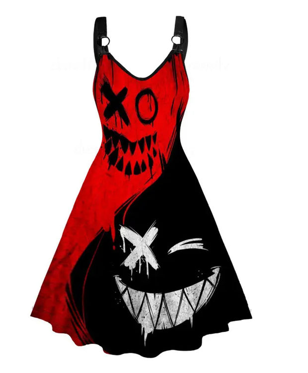 Gothic Style Contrast Color Devil Smiley Face Print Dress