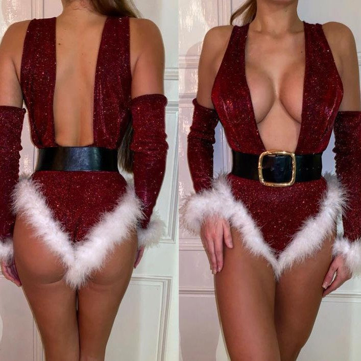 Sexy Red Jumpsuit Gloves Suit