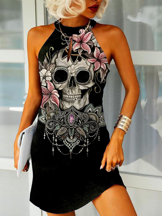Gothic Flower Skull Print Halter Dress