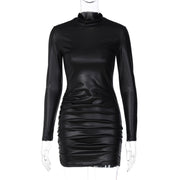 Imitation Leather Pleated Slim Fit round Neck Long Sleeves Dress