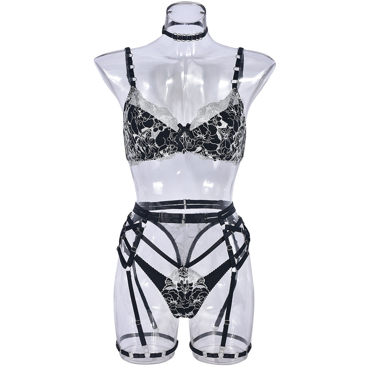 Sexy Net Yarn Flowers Embroidered Underwear Suit