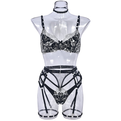 Sexy Net Yarn Flowers Embroidered Underwear Suit