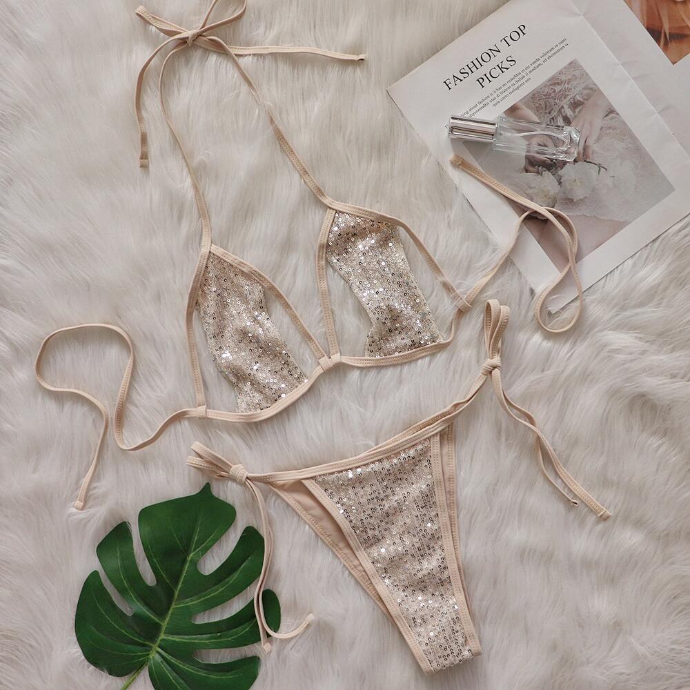 Sexy Sequined Lace-up Cutout Beach Bikini