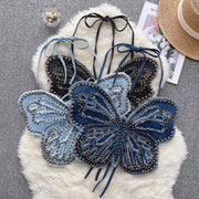 Butterfly Heavy Industry Beads Denim Sling Backless Lace up Halter Top
