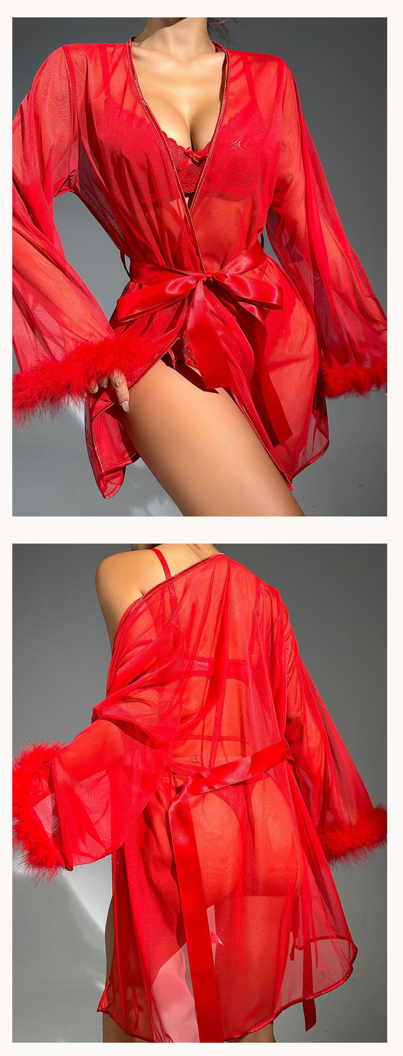 Sexy Red Lace Bra Panties Nightgown Three-Piece Set