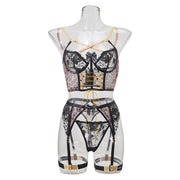 Sexy Embroidery Stitching Leopard Mesh Contrast Color Underwear Suit