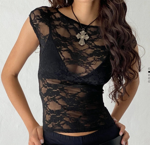 Sexy See-through Lace Short-Sleeved T-shirt